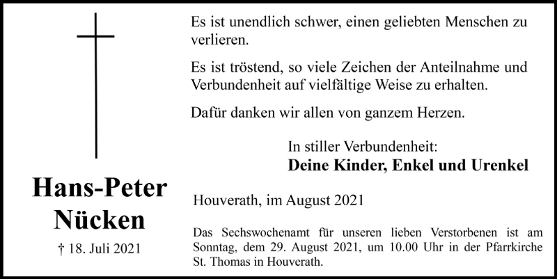  Traueranzeige für Hans-Peter Nücken vom 20.08.2021 aus  Schaufenster/Blickpunkt 