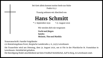Anzeige von Hans Schmitt von Kölner Stadt-Anzeiger / Kölnische Rundschau / Express