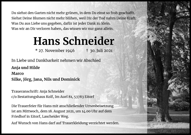  Traueranzeige für Hans Schneider vom 14.08.2021 aus Kölner Stadt-Anzeiger / Kölnische Rundschau / Express