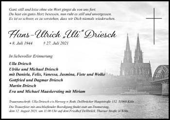 Anzeige von Hans-Ulrich Driesch von Kölner Stadt-Anzeiger / Kölnische Rundschau / Express
