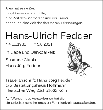 Anzeige von Hans-Ulrich Fedder von Kölner Stadt-Anzeiger / Kölnische Rundschau / Express