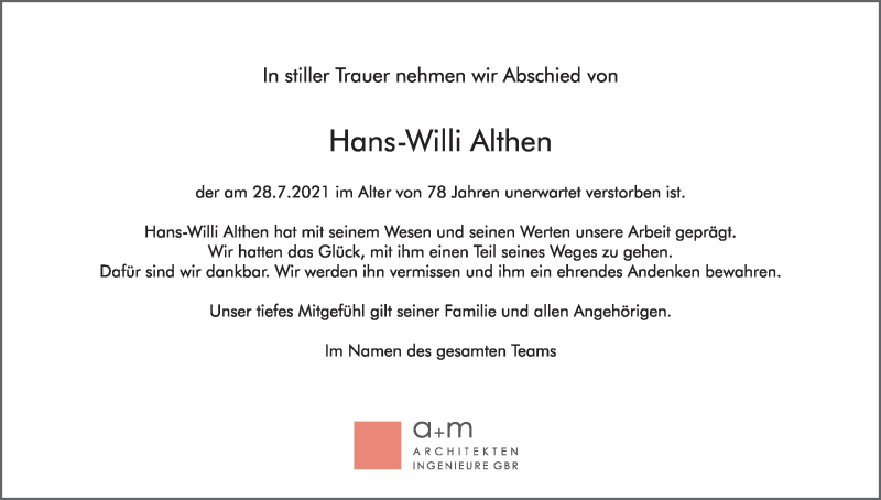  Traueranzeige für Hans-Willi Althen vom 21.08.2021 aus Kölner Stadt-Anzeiger / Kölnische Rundschau / Express