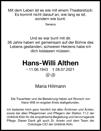 Anzeige von Hans-Willi Althen von Kölner Stadt-Anzeiger / Kölnische Rundschau / Express