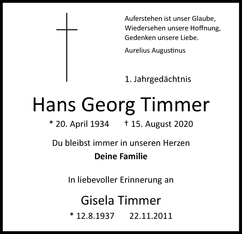  Traueranzeige für Hans Georg Timmer vom 14.08.2021 aus Kölner Stadt-Anzeiger / Kölnische Rundschau / Express