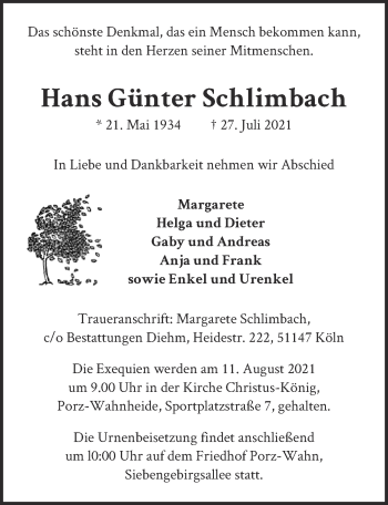 Anzeige von Hans Günter Schlimbach von  Kölner Wochenspiegel 