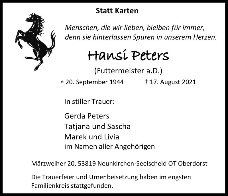  Traueranzeige für Hansi Peters vom 28.08.2021 aus Kölner Stadt-Anzeiger / Kölnische Rundschau / Express