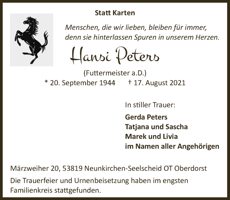  Traueranzeige für Hansi Peters vom 27.08.2021 aus  Extra Blatt 