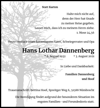 Anzeige von Hans Lothar Dannenberg von Kölner Stadt-Anzeiger / Kölnische Rundschau / Express