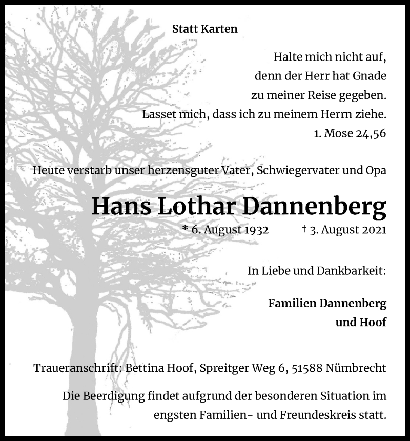  Traueranzeige für Hans Lothar Dannenberg vom 14.08.2021 aus Kölner Stadt-Anzeiger / Kölnische Rundschau / Express