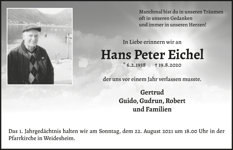  Traueranzeige für Hans Peter Eichel vom 14.08.2021 aus  Blickpunkt Euskirchen 