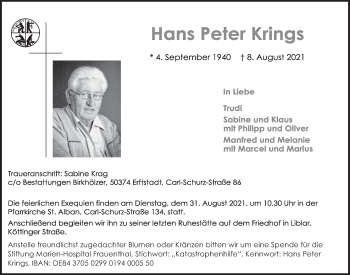 Anzeige von Hans Peter Krings von  Werbepost 