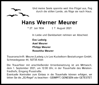 Anzeige von Hans Werner Meurer von Kölner Stadt-Anzeiger / Kölnische Rundschau / Express