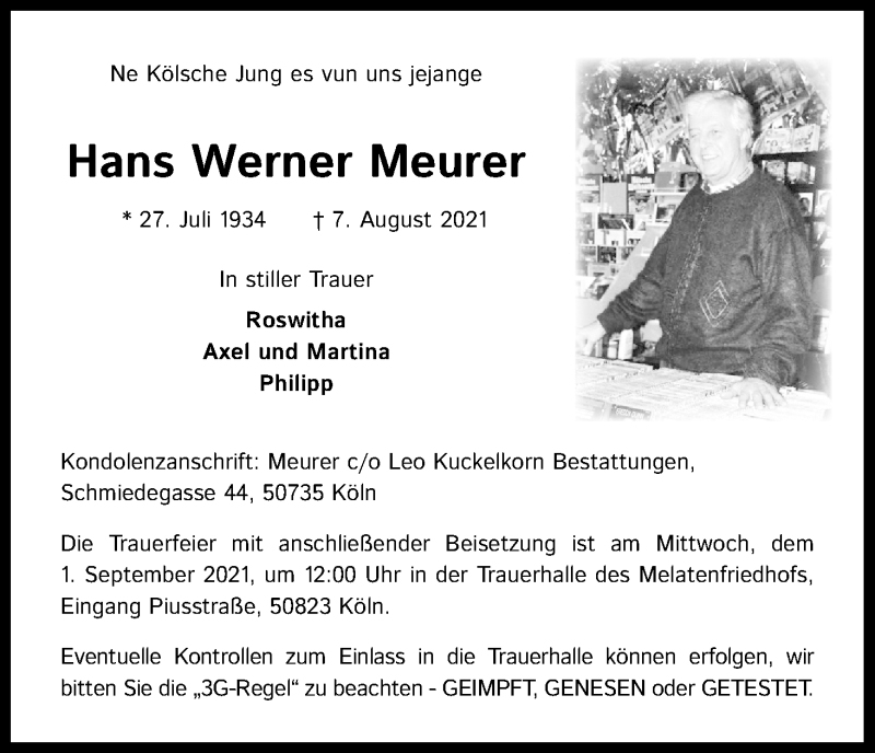  Traueranzeige für Hans Werner Meurer vom 28.08.2021 aus Kölner Stadt-Anzeiger / Kölnische Rundschau / Express
