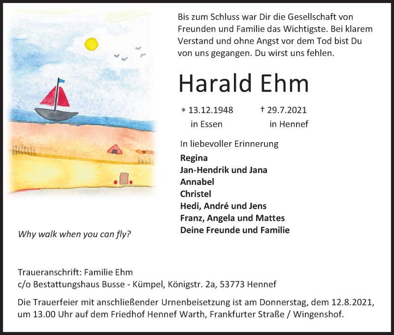  Traueranzeige für Harald Ehm vom 07.08.2021 aus Kölner Stadt-Anzeiger / Kölnische Rundschau / Express