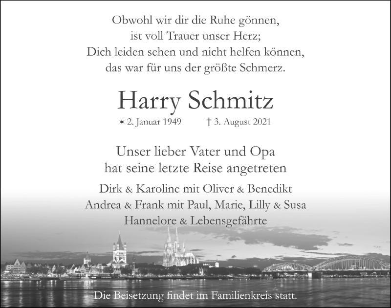  Traueranzeige für Harry Schmitz vom 13.08.2021 aus  Extra Blatt 