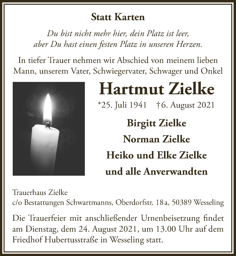  Traueranzeige für Hartmut Zielke vom 20.08.2021 aus  Schlossbote/Werbekurier 