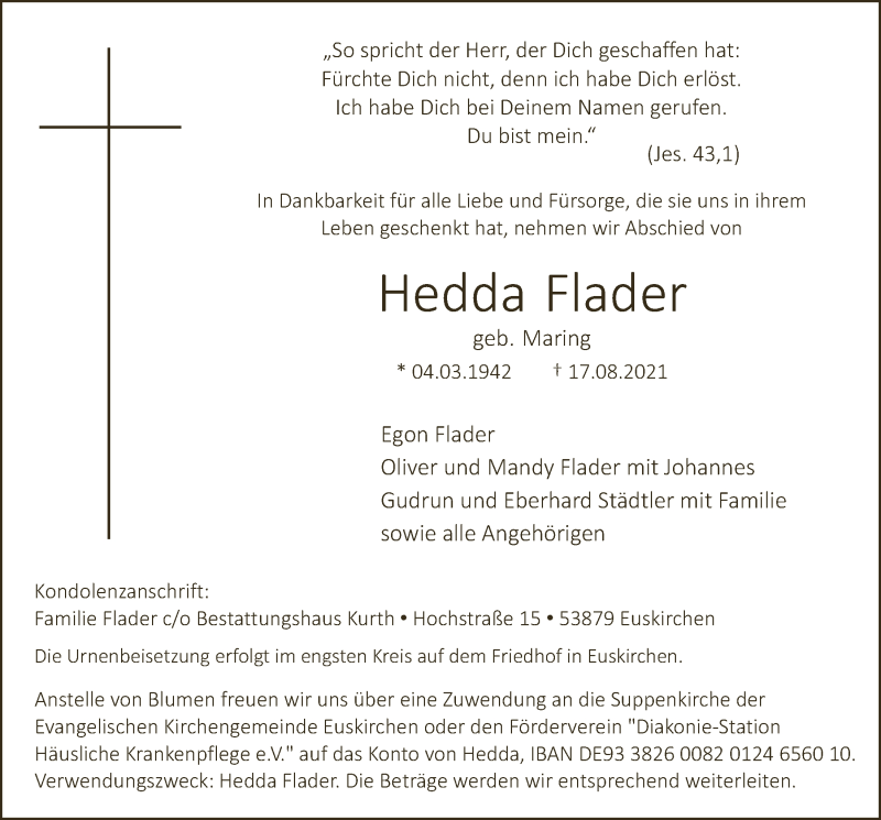  Traueranzeige für Hedda Flader vom 28.08.2021 aus  Blickpunkt Euskirchen 
