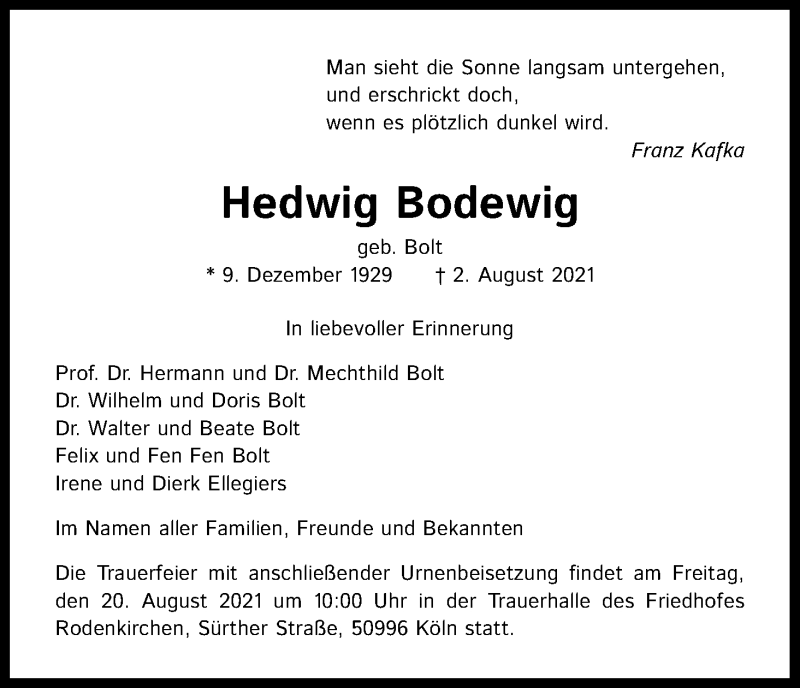  Traueranzeige für Hedwig Bodewig vom 14.08.2021 aus Kölner Stadt-Anzeiger / Kölnische Rundschau / Express