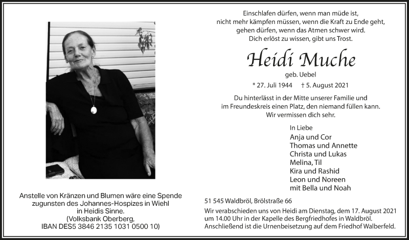 Traueranzeige für Heidi Muche vom 13.08.2021 aus  Lokalanzeiger 