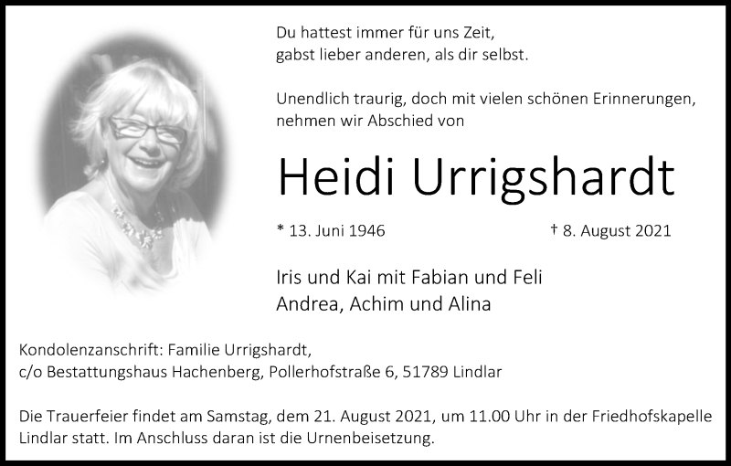  Traueranzeige für Heidi Urrigshardt vom 14.08.2021 aus Kölner Stadt-Anzeiger / Kölnische Rundschau / Express