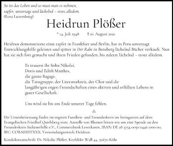Anzeige von Heidrun Plößer von Kölner Stadt-Anzeiger / Kölnische Rundschau / Express