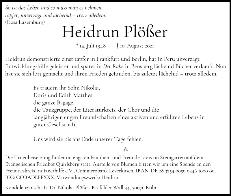  Traueranzeige für Heidrun Plößer vom 21.08.2021 aus Kölner Stadt-Anzeiger / Kölnische Rundschau / Express