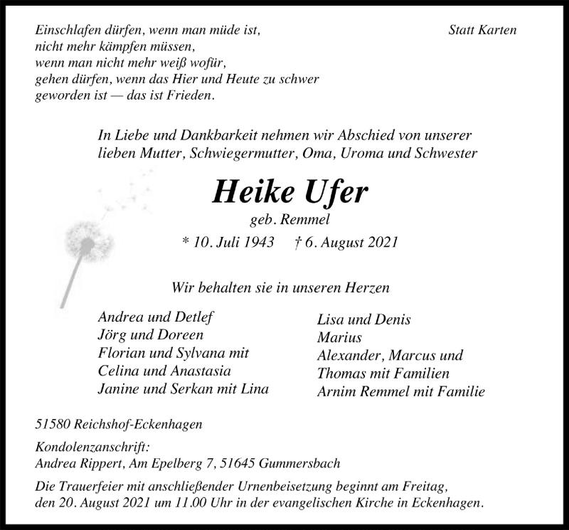  Traueranzeige für Heike Ufer vom 13.08.2021 aus  Anzeigen Echo 