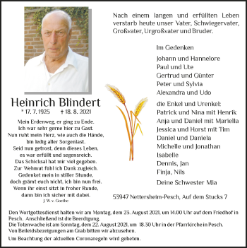Anzeige von Heinrich Blindert von  Blickpunkt Euskirchen 