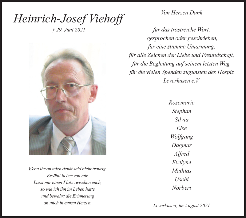  Traueranzeige für Heinrich-Josef Viehoff vom 07.08.2021 aus Kölner Stadt-Anzeiger / Kölnische Rundschau / Express