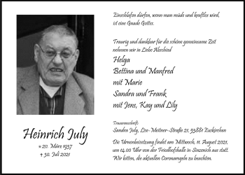 Anzeige von Heinrich July von  Blickpunkt Euskirchen 