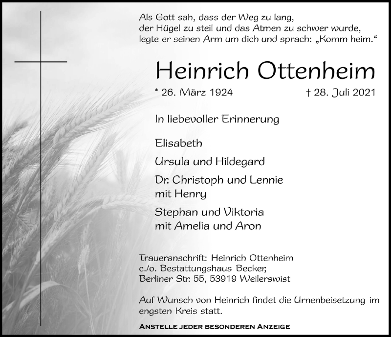  Traueranzeige für Heinrich Ottenheim vom 07.08.2021 aus  Blickpunkt Euskirchen 