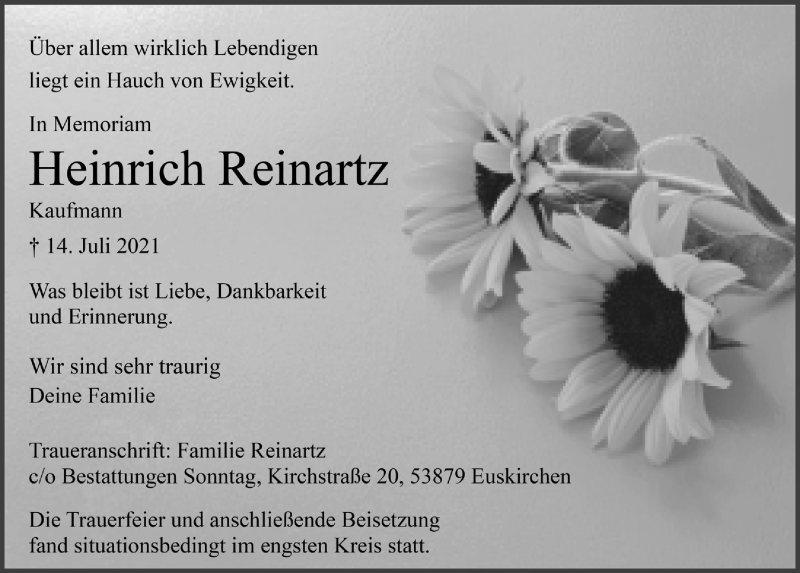  Traueranzeige für Heinrich Reinartz vom 21.08.2021 aus  Blickpunkt Euskirchen 
