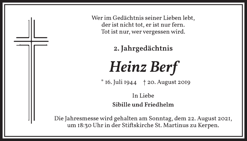  Traueranzeige für Heinz Berf vom 13.08.2021 aus  Werbepost 