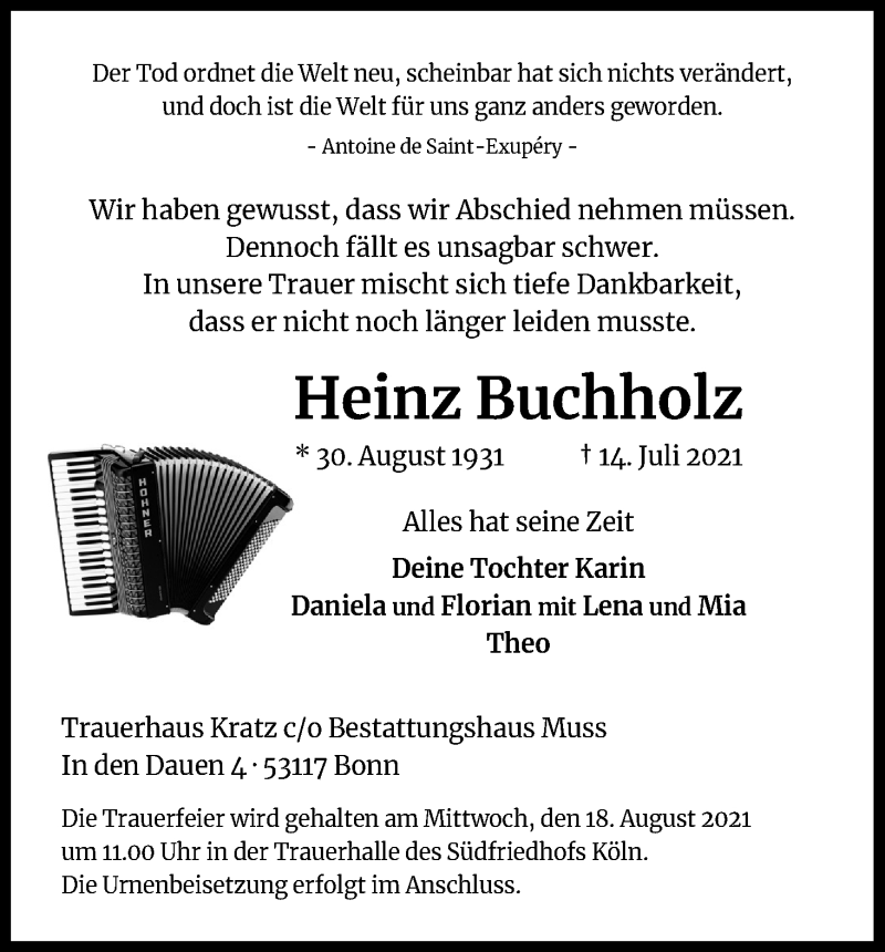  Traueranzeige für Heinz Buchholz vom 14.08.2021 aus Kölner Stadt-Anzeiger / Kölnische Rundschau / Express