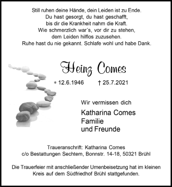 Anzeige von Heinz Comes von  Schlossbote/Werbekurier 