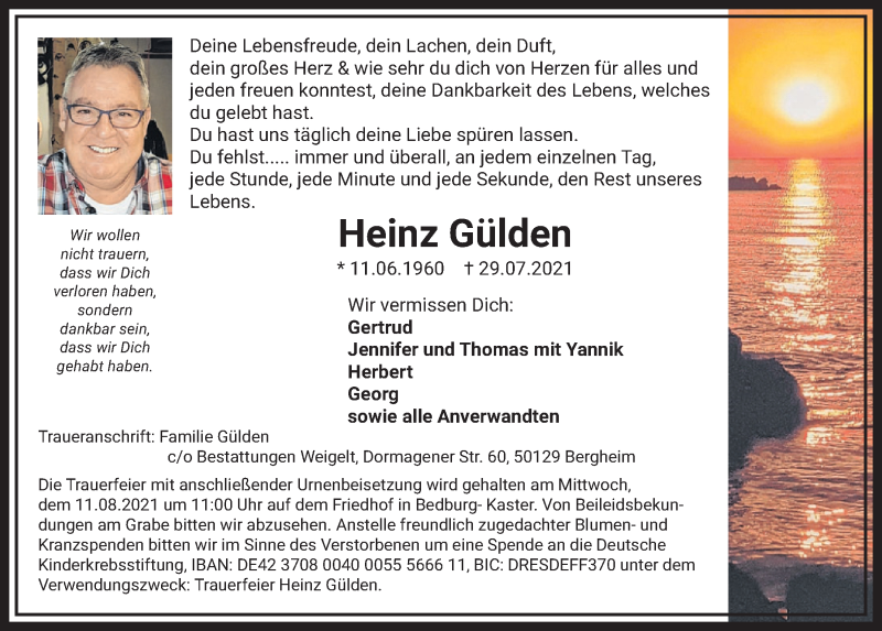  Traueranzeige für Heinz Gülden vom 06.08.2021 aus  Werbepost 