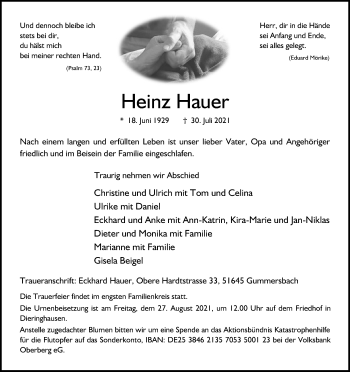 Anzeige von Heinz Hauer von Kölner Stadt-Anzeiger / Kölnische Rundschau / Express