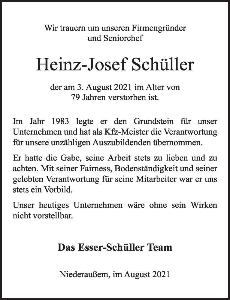  Traueranzeige für Heinz-Josef Schüller vom 13.08.2021 aus  Werbepost 