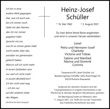 Anzeige von Heinz-Josef Schüller von Kölner Stadt-Anzeiger / Kölnische Rundschau / Express