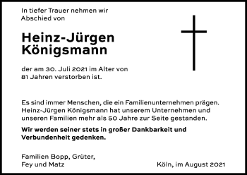 Anzeige von Heinz-Jürgen Königshausen von Kölner Stadt-Anzeiger / Kölnische Rundschau / Express