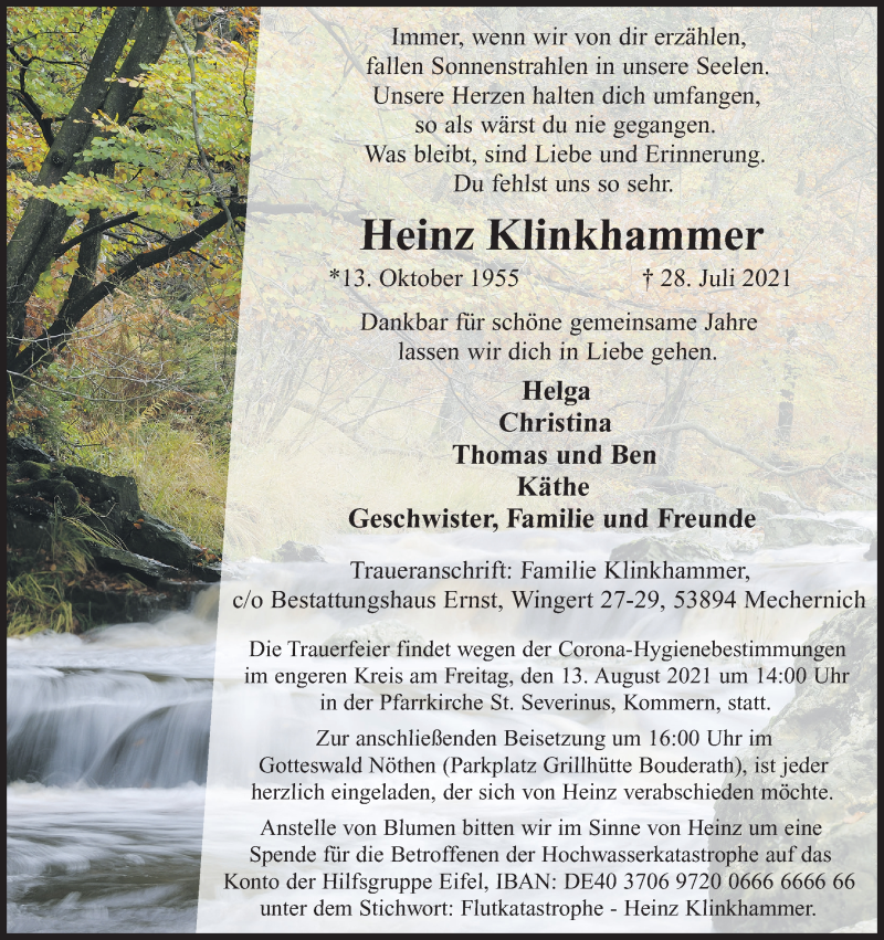  Traueranzeige für Heinz Klinkhammer vom 07.08.2021 aus Kölner Stadt-Anzeiger / Kölnische Rundschau / Express