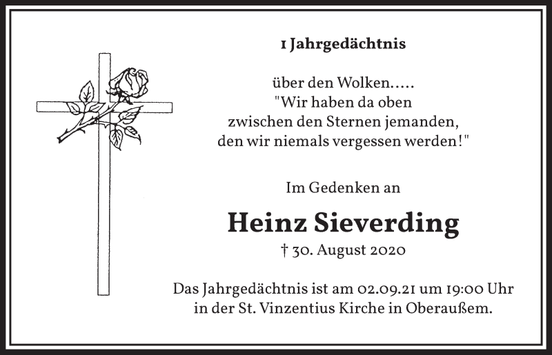  Traueranzeige für Heinz Sieverding vom 27.08.2021 aus  Werbepost 