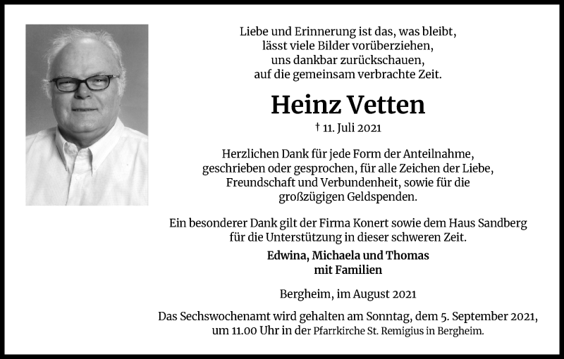  Traueranzeige für Heinz Vetten vom 28.08.2021 aus Kölner Stadt-Anzeiger / Kölnische Rundschau / Express