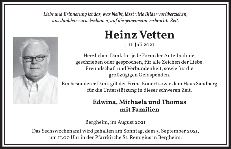 Traueranzeige für Heinz Vetten vom 27.08.2021 aus  Werbepost 