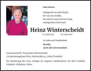 Anzeige von Heinz Winterscheidt von Kölner Stadt-Anzeiger / Kölnische Rundschau / Express