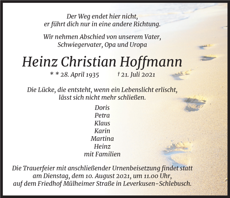  Traueranzeige für Heinz Christian Hoffmann vom 07.08.2021 aus Kölner Stadt-Anzeiger / Kölnische Rundschau / Express