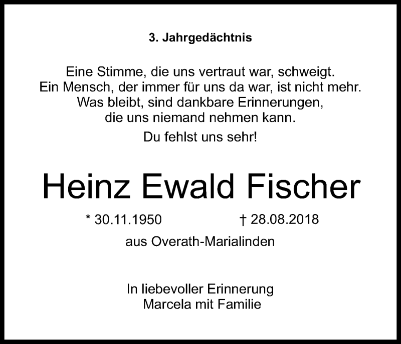  Traueranzeige für Heinz Ewald Fischer vom 28.08.2021 aus Kölner Stadt-Anzeiger / Kölnische Rundschau / Express