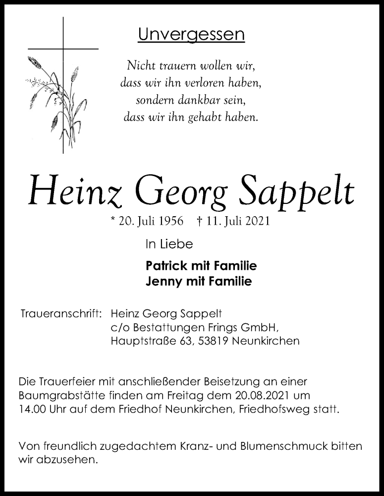  Traueranzeige für Heinz Georg Sappelt vom 13.08.2021 aus Kölner Stadt-Anzeiger / Kölnische Rundschau / Express