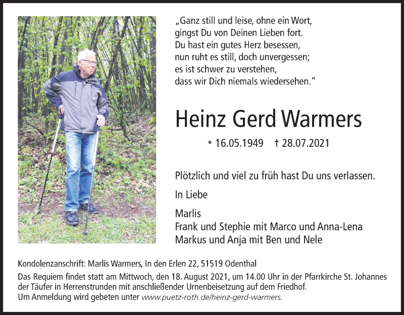  Traueranzeige für Heinz Gerd Warmers vom 07.08.2021 aus Kölner Stadt-Anzeiger / Kölnische Rundschau / Express