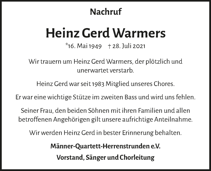  Traueranzeige für Heinz Gerd Warmers vom 06.08.2021 aus  Bergisches Handelsblatt 